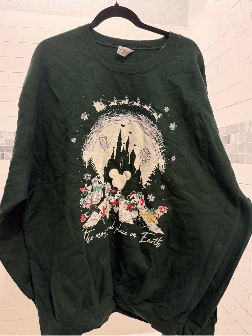 Gildan Dark Green Disney Castle Graphic Crewneck Sweatshirt
